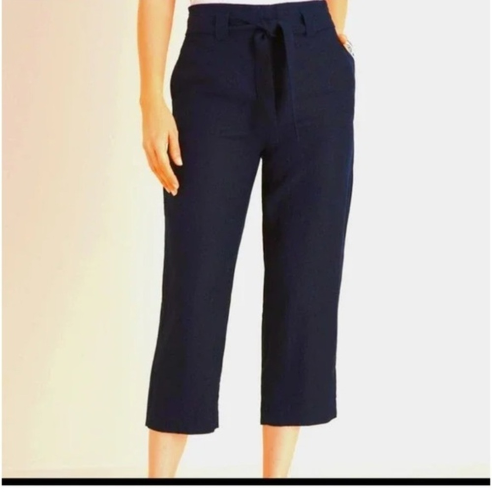 Chicos Linen Tie Waist Crop Classic Navy Wide Leg Pants Size 14
